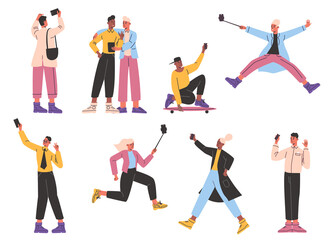 People take selfies. Cartoon characters are photographed on smartphones. Front camera pictures. Mobile technology. Phone snapshots. Men and women making photos. png posing persons set