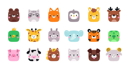 Obraz na płótnie Canvas Cartoon animal square faces. Cute muzzles. Mobile applications icons. Happy bear and raccoon. Funny fauna characters. Dog pet. Elephant and penguin bird. Garish png mammals heads set