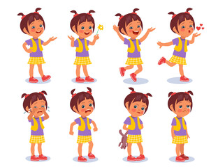 Cartoon girl expressions. Kid character in different poses. Positive and negative emotions. Cheerful or upset teenager. Cute child character. Laughing and crying teen. Splendid png set