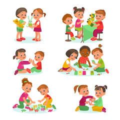Children playing together. Kids group and pair activities. Boys and girls with different toys. Nursery fun. Table games. Cute little friends. Kindergarten leisure. Splendid png set