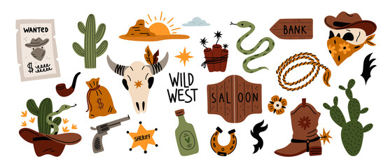 Cartoon wild west elements. Western isolated objects. Cowboy skull in wide brimmed hat. Sheriff badge. Desert cacti. Saloon doors. Tequila bottle. Money bag and snake. Garish png set