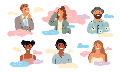 People with clouds. Dreaming men and women. Relaxed guys and girls. Pleasant light desires. Mental health. Daydreaming persons. Imagination and inspiration. Sky heaven. Garish png set