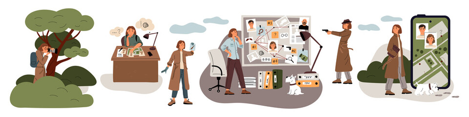 Private detective character. Woman in raincoat collects evidence. Case disclosure. Investigator spying and finding suspects. Surveillance and information gathering. Garish png set