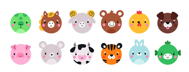 Cartoon funny animals round faces. Fauna avatars. Circle shapes app icons. Snake and bunny muzzles. Mobile application colorful signs. Pet dog and tiger. Garish png mammals heads set