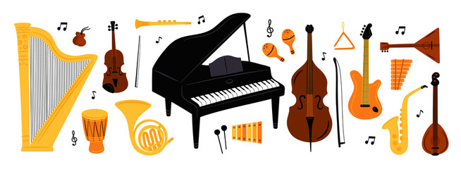 Cartoon musical instrument. Acoustic orchestra concert elements. Strings, wind and bows. Piano music performance. Isolated violoncello or harp. Jazz band saxophone. Garish png set - obrazy, fototapety, plakaty