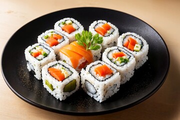 Japanese Cuisine - Sushi Roll with Salmon, Cream Cheese and Raw Salmon inside. 