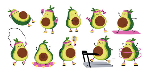 Cute avocado athlete. Cartoon character doing sport exercises. Vegetarian mascot in different poses. Healthy vegetable with funny smile face. Workout and active game. Garish png set