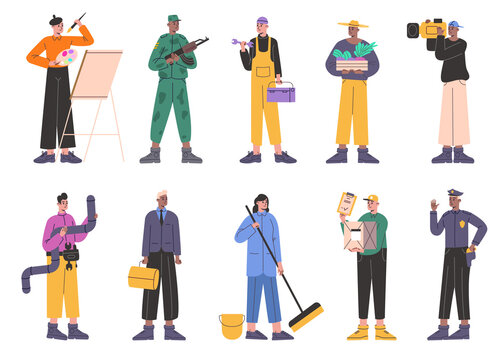 Professions people. Men and women in job uniform. Representatives of various specialties. Gardener and painter. Soldier or deliveryman. Labor and career. png isolated workers set