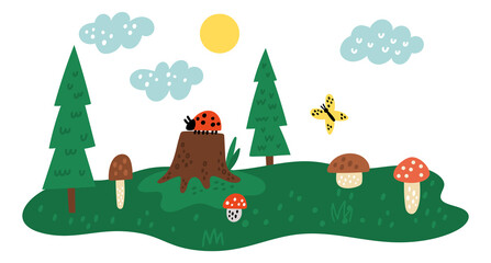 Cute fox. Wild nature landscape. Forest trees. Pines and amanita mushrooms. Ladybug on stump. Doodle meadow panorama. Summer field scenery. Childish drawing. png cartoon illustration
