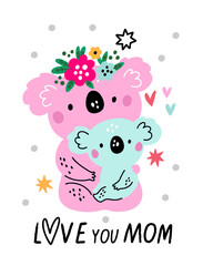 Cute koala greeting card. Kid loving mother. Happy mom and cub hugging. Cartoon animals. Zoo character with floral wreath. Funny family. Australian mammals. png holiday banner design
