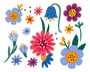 Fototapeta na wymiar Funny cartoon flowers. Doodle blooming plants. Field or garden blossoms. Meadow cute daisy and bluebell. Kids drawing. Isolated floral buds and leaves. png botanical elements set