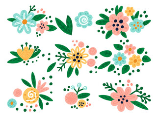 Cartoon flowers. Doodle blooming forest plants. Field or garden blossoms. Color petals. Floral bunches. Cute buds and leaves. Isolated holiday bouquets. png botanical elements set
