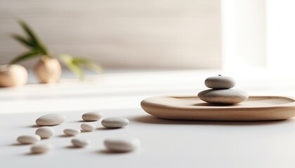 Fototapeta na wymiar Minimal and calm. Concept of mindfulness. Pebbles balancing. Ai generated.