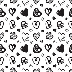 Hand Drawn Heart Seamless Pattern, Love Doodle Tile, Sketch Brush Hearts, Valentine Background