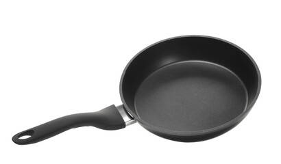 Black aluminum frying pan with handle on white