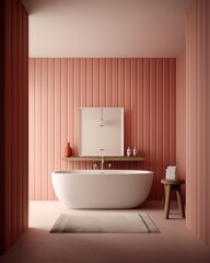 Naklejka na ściany i meble Minimalist Bathroom in Soft Pastel Hues. Contemporary Bathroom with Muted Pink-like Palette.