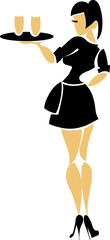 Black and beige stylized silhouette. Flight attendant on a plane with two cups of hot aromatic coffee on a tray