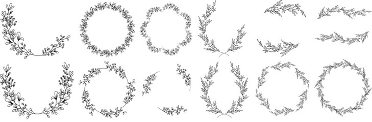 Luxury botanical gold wedding frame elements on white background. Set of circle shapes, glitters, eucalyptus leaves, leaf branches. Elegant foliage design for wedding, card, invitation, greeting