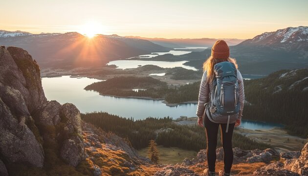 Female hiker on top of a mountain looking out over mountains and lakes. Achievement and reaching the top.