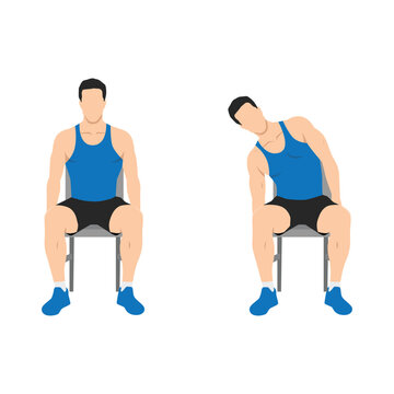 Man doing seated side leans or chair leans exercise. Flat vector illustration isolated on white background