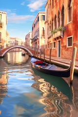 Obraz na płótnie Canvas A gondola on a canal with a bridge in the background. Generative AI.