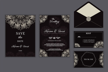 Luxury Wedding Invitation Card With White Mandala Ornament On Black Background