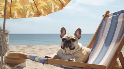 A candid shot of a French bulldog relaxing on a beach chair, wearing a floppy hat, and soaking up the summer vibes - Generative ai