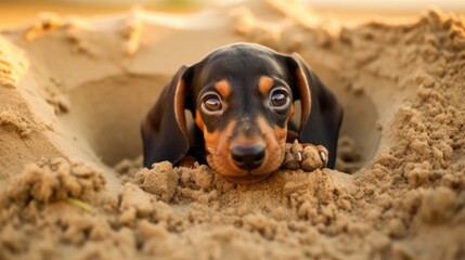 A charming capture of a dachshund buried in the sand, with only its head and ears popping out, creating an adorable and humorous scene - Generative ai