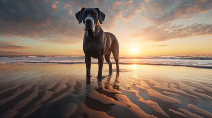 A serene image of a great dane standing tall in the shallow waves, with the sun setting on the horizon, creating a majestic and peaceful beach scene - Generative ai