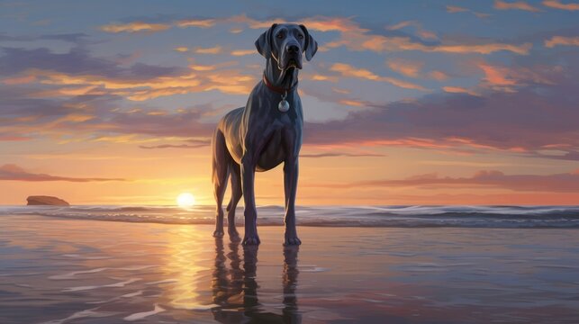 A serene image of a great dane standing tall in the shallow waves, with the sun setting on the horizon, creating a majestic and peaceful beach scene - Generative ai