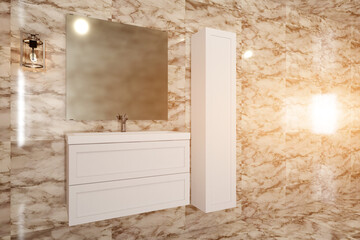 Modern bathroom including bath and sink. 3D rendering.. Sunset.