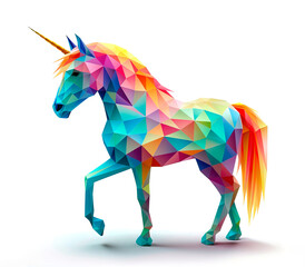 Obraz na płótnie Canvas A full-body low poly 3D colorful rainbow unicorn isolated against a pure white background - Generative AI
