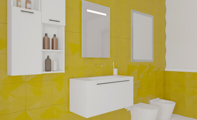 Scandinavian bathroom, classic  vintage interior design. 3D rendering.. Mockup.   Empty paintings