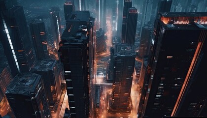 Fototapeta na wymiar Skyscraper city at night Aerial drone view.
