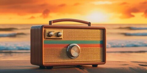 A brown vintage radio with a rainbow reflection on a beach, made with Generative AI