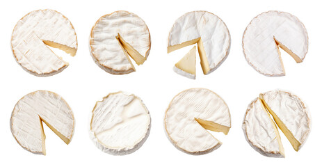 set of isolated illustrations of brie cheese. Created with Generative AI	 - obrazy, fototapety, plakaty