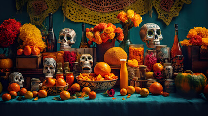 A table topped with a bowl of oranges and skulls. AI generative. Day of the Dead picturesque display