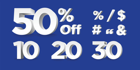 Vector numbers 3d white Illustration  20%, 30%, 50% percent, Sale off discount promotion set made of realistic numbers 3d white.  discount collection for your unique selling poster, banner ads
