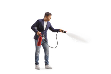 Man using a car fire extinguisher