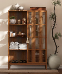 Natural brown bamboo wood wardrobe, shelf in sunlight, shadow on blank beige fabric texture wallpaper wall for interior design decoration, luxury beauty, skincare, body care, spa product background 3D