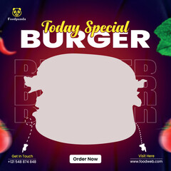 Food social media banner design template. Burger social media post vector illustration. Square size.