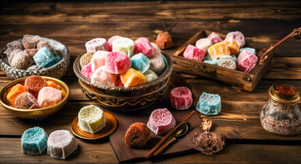 Turkish delights. Various pieces of traditional Turkish sweets on a wooden table. Created with Generative AI technology.