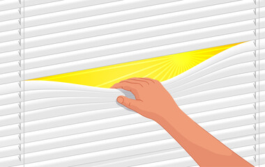 Man opens a gap in the louvers or blinds, and behind them is a sunny day. Vector graphics