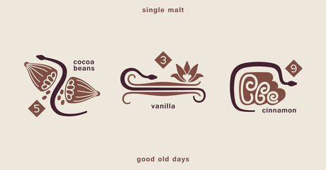 Vintage old style whiskey emblem. Vanilla, cocoa beans and cinnamon  with a wriggling snake. Contemporary minimal boho style. Vector template