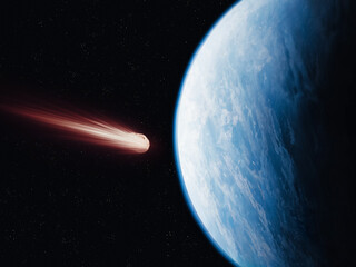 Large comet near the Earth. Close-up of blue planet with meteorite. Possibility of impact with a celestial body