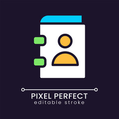 Contact book pixel perfect RGB color icon for dark theme. Phone numbers and address directory. Simple filled line drawing on night mode background. Editable stroke. Poppins font used