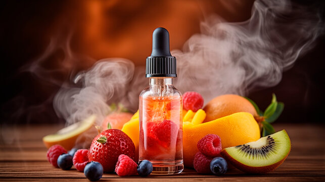 Bottle with liquid. Vaping. Flavored e-liquid. Berries and fruits, Generative AI,