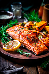Grilled salmon with vegetables, keto diet dish. Generative Ai,