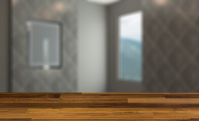 Scandinavian bathroom, classic  vintage interior design. 3D rend. Background with empty wooden table. Flooring.