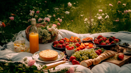 picnic basket overflowing with delicious food. Generative Ai,